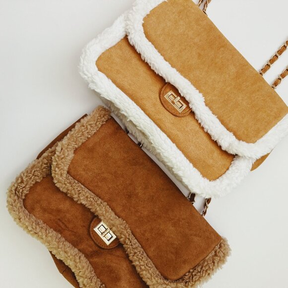 NWT - Luxe Sherpa Faux Fur Trim Chain Shoulder Bag - Brown/Tan - Picture 1 of 8
